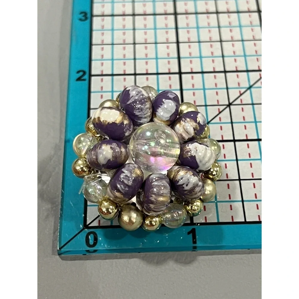 Vintage Purple Gold Beaded Cluster Clip-On Earrings Iridescent Acrylic Statement
